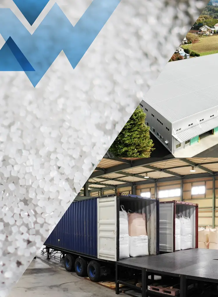 An industrial facility with a large warehouse and loading dock, promoting Japan-made premium post-industrial materials reprocessed by DAISAKU.