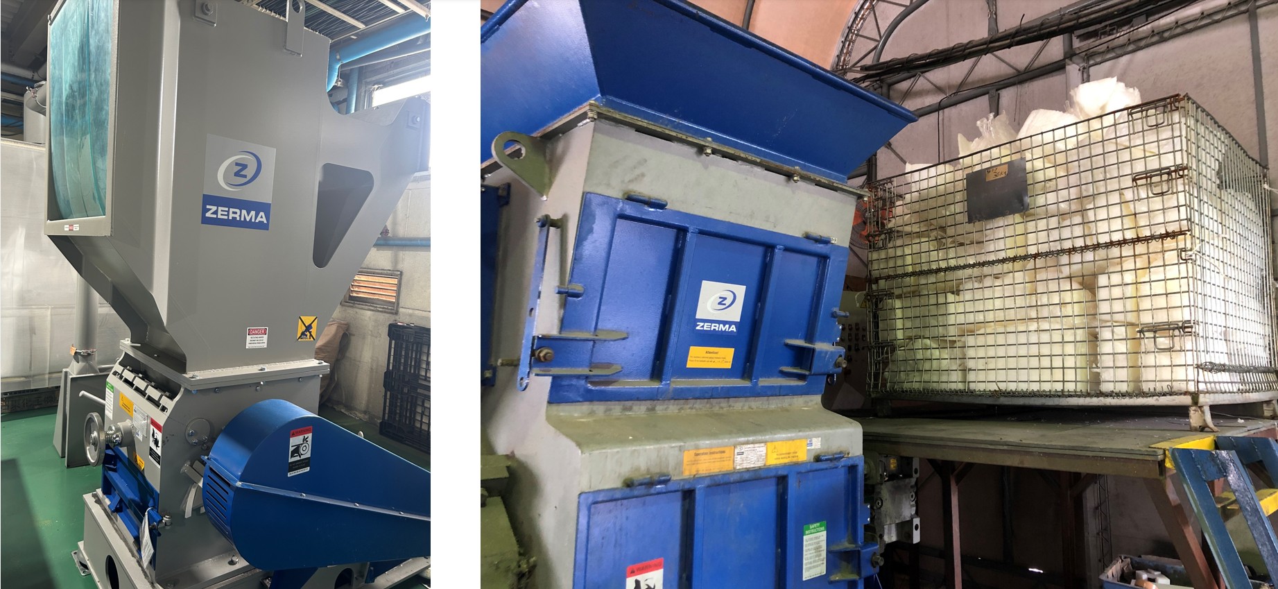 Two ZERMA industrial shredding machines used for processing materials, one with cage holding shredded white material.