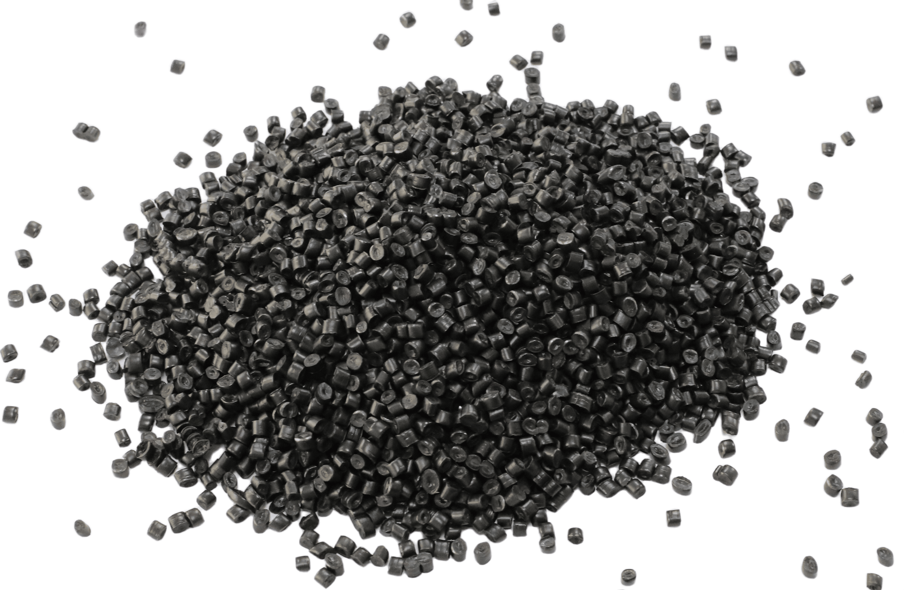 Post-industrial black pellets image with white background. Compounded PP black material made by Daisaku Co. Ltd. Japan.